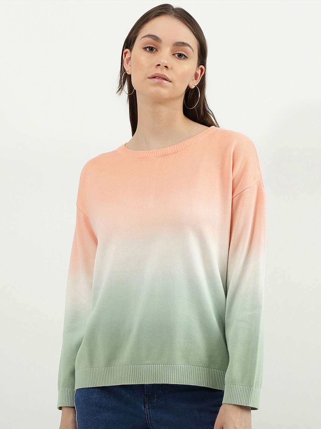

United Colors of Benetton Women Orange & Green Round Neck Cotton Sweatshirt