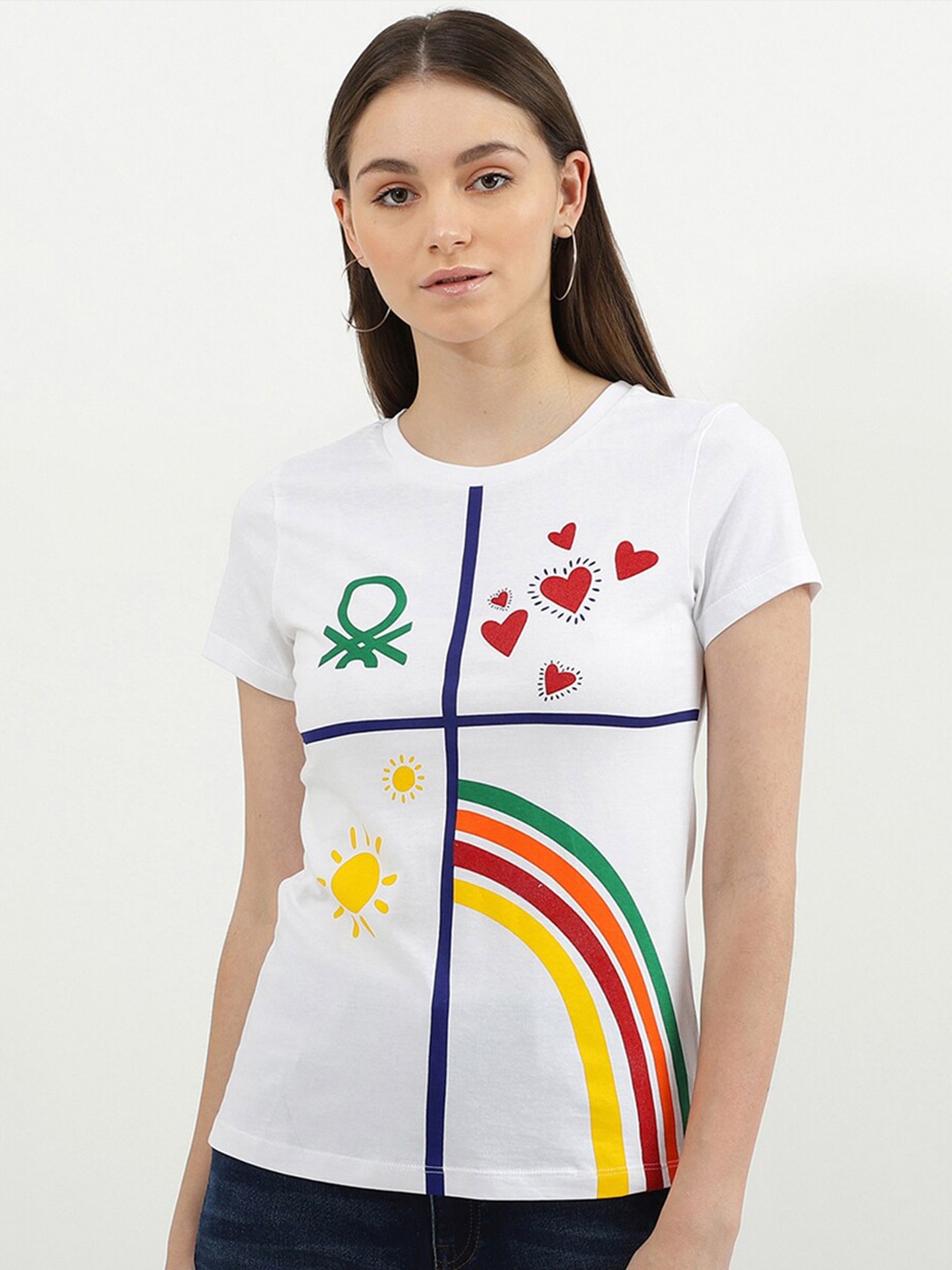 

United Colors of Benetton Women White Graphic Printed Cotton T-shirt