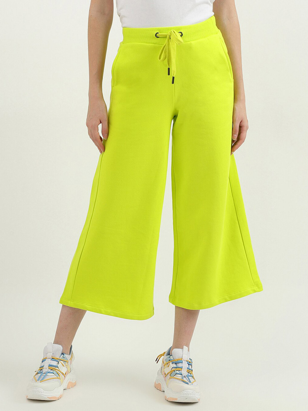 

United Colors of Benetton Women Fluorescent Green Cotton Flared Knitted Palazzos