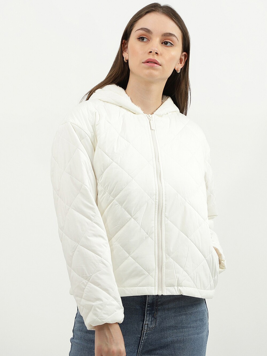 

United Colors of Benetton Women White Hooded Quilted Jacket