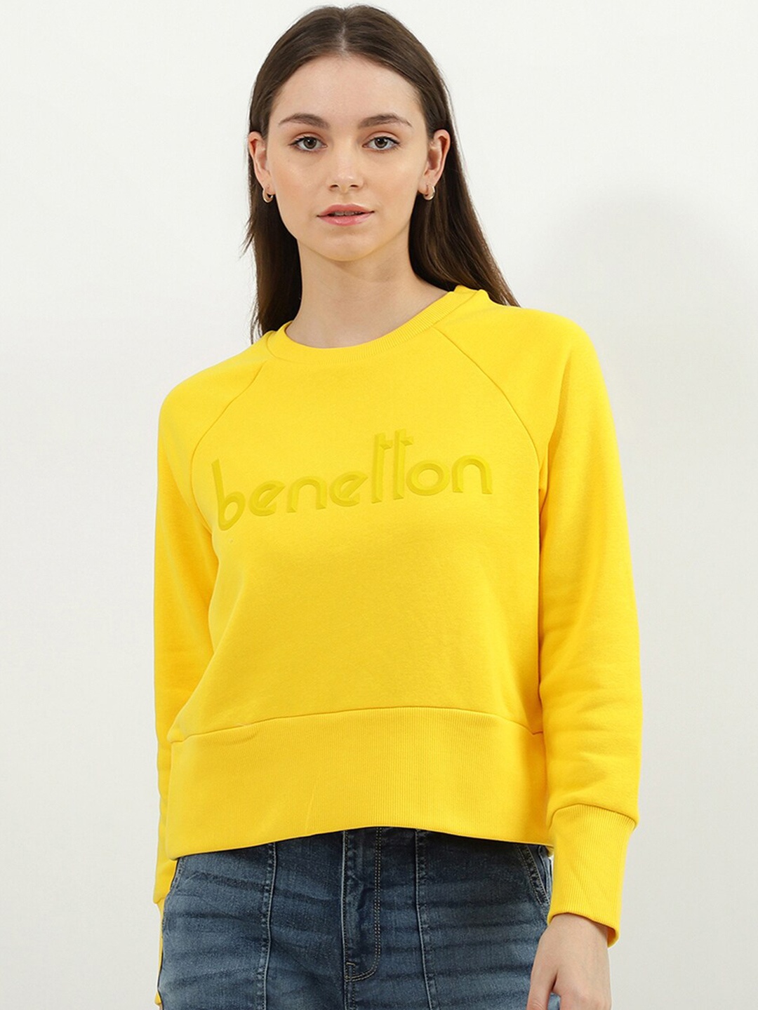 

United Colors of Benetton Women Yellow Printed Cotton Sweatshirt