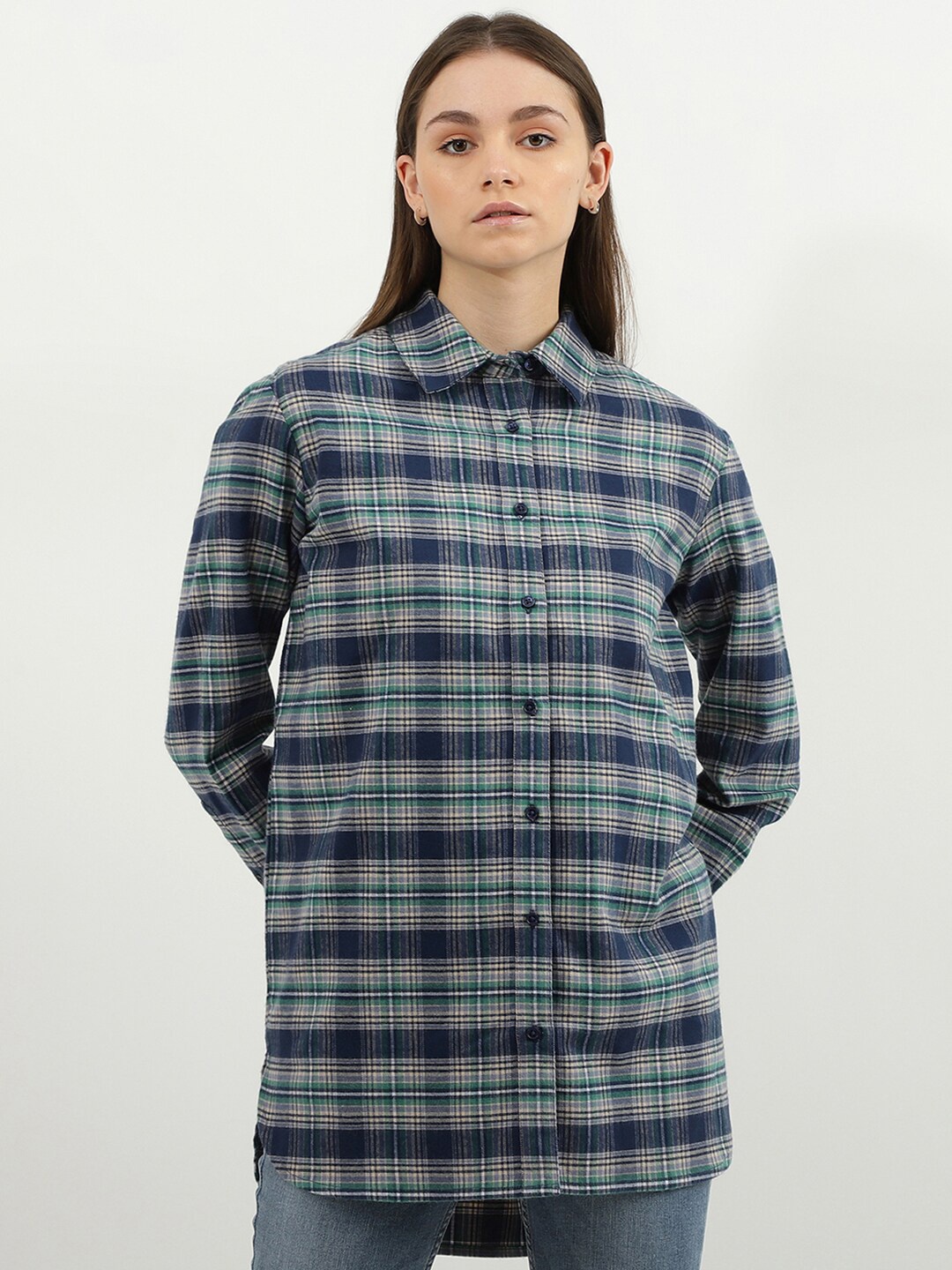 

United Colors of Benetton Women Navy Blue Tartan Checks Checked Casual Shirt