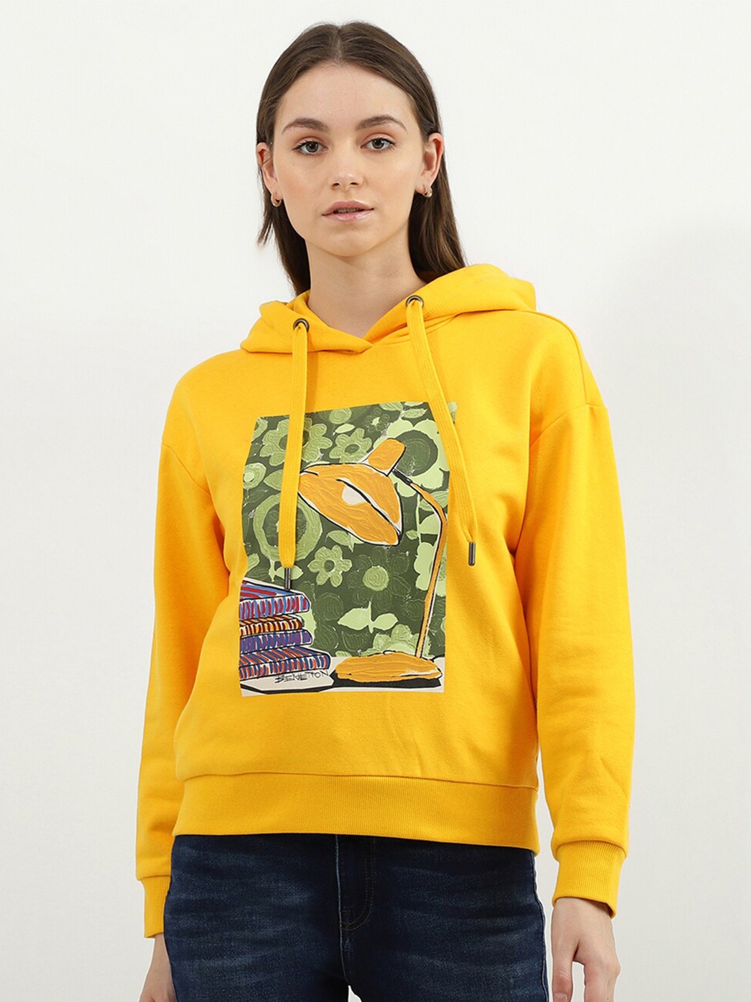 

United Colors of Benetton Women Yellow Cotton Printed Sweatshirt