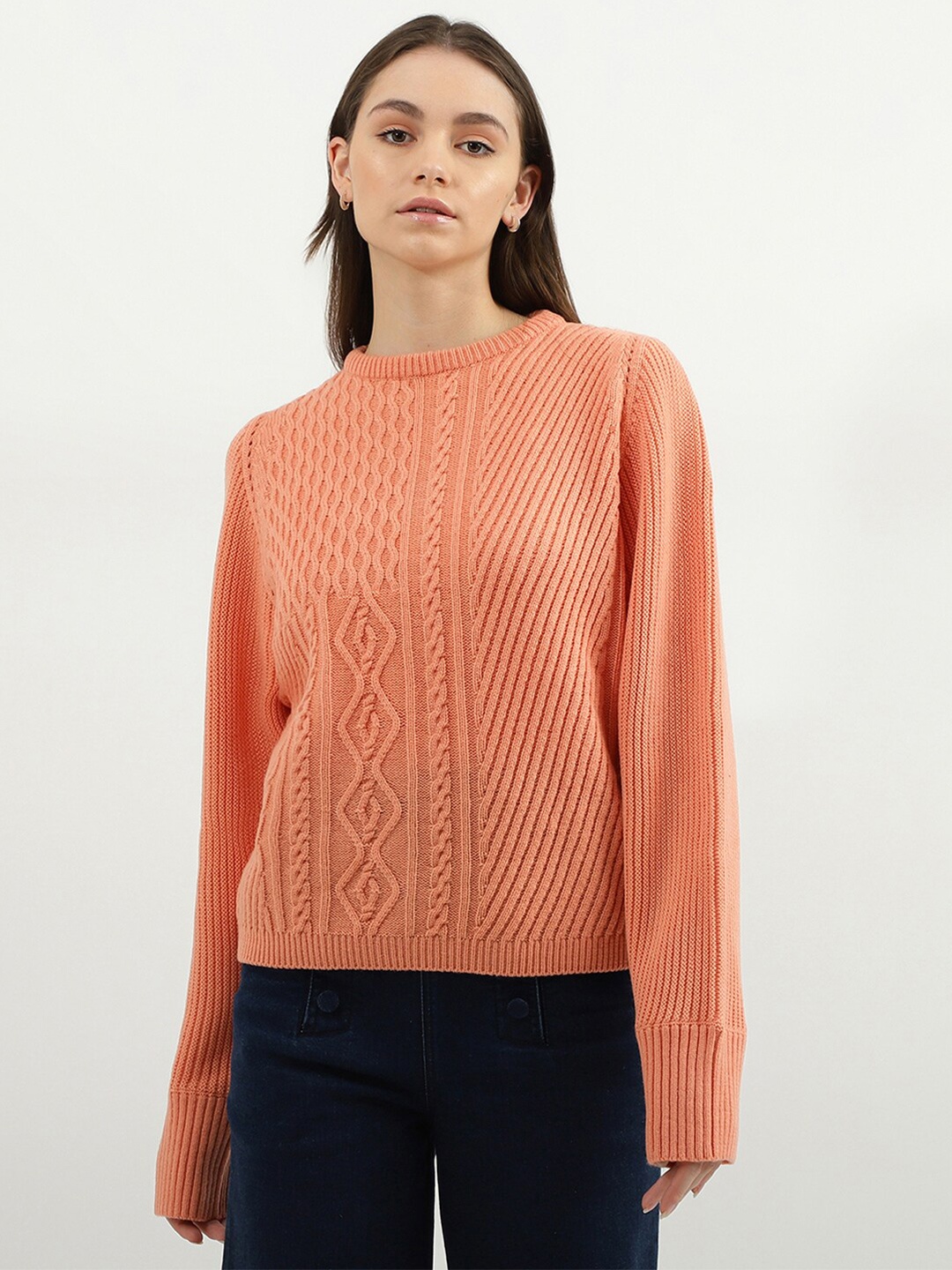 

United Colors of Benetton Women Peach-Coloured Cable Knit Pullover