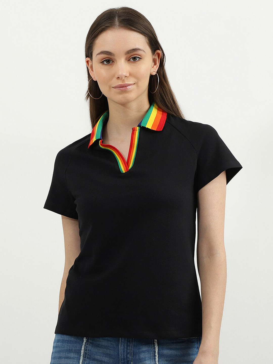 

United Colors of Benetton Women Black Solid Polo Collar Cotton T-shirt