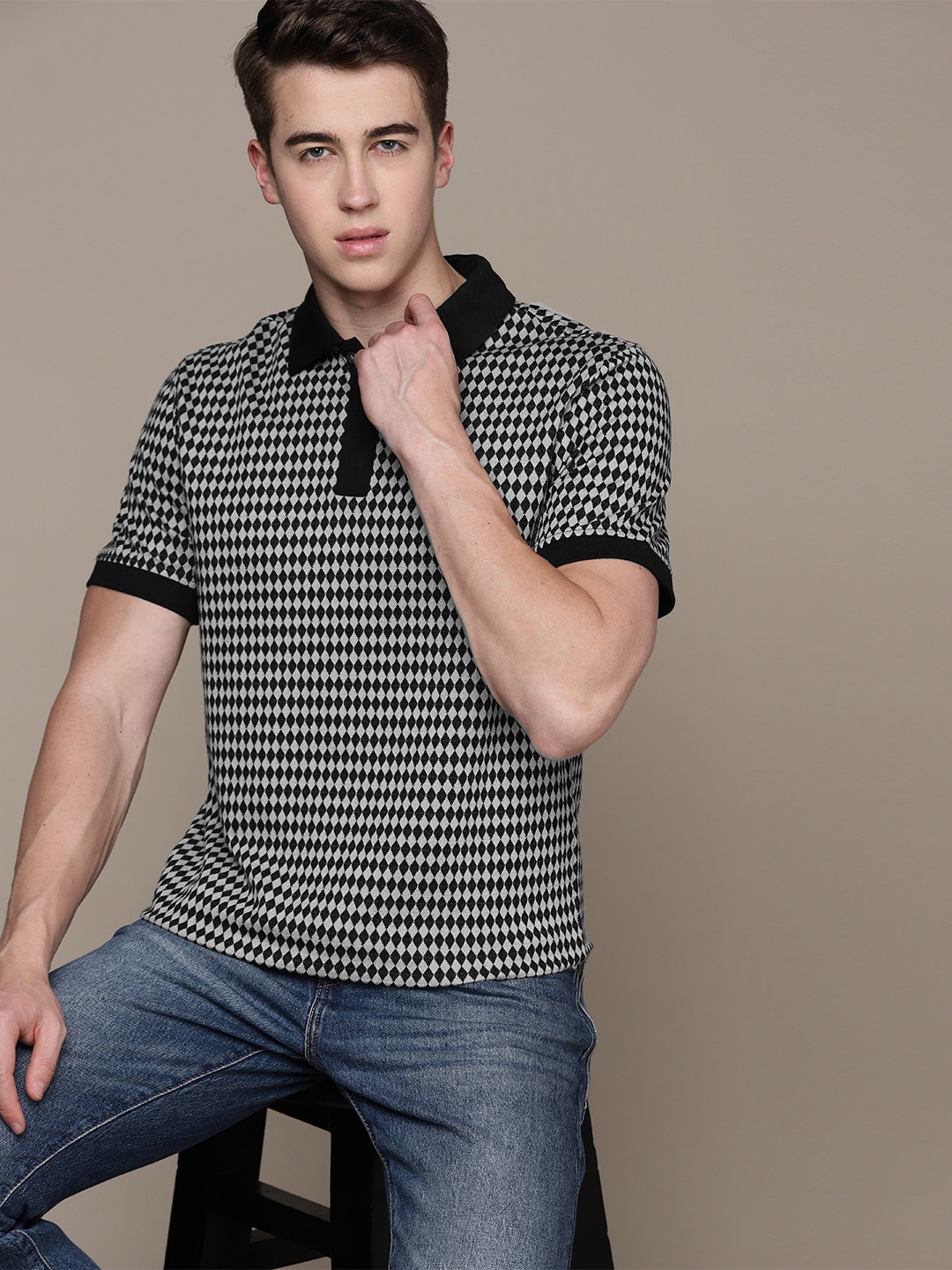 

Macy's Alfani Men Geometric Self Design Polo Collar T-shirt, Black