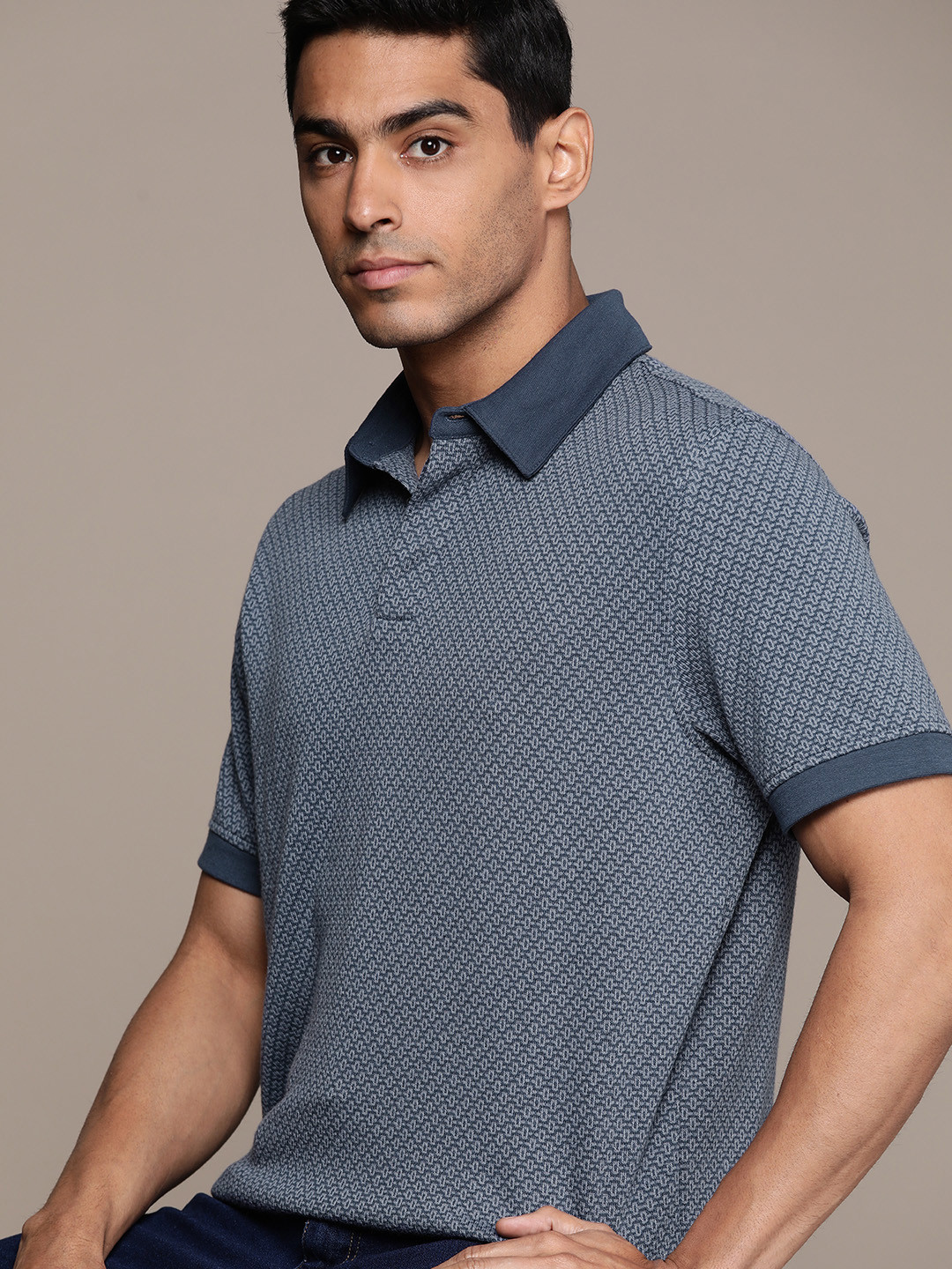 

Macy's Alfani Geometric Self Design Polo Neck Knitted T-shirt, Blue