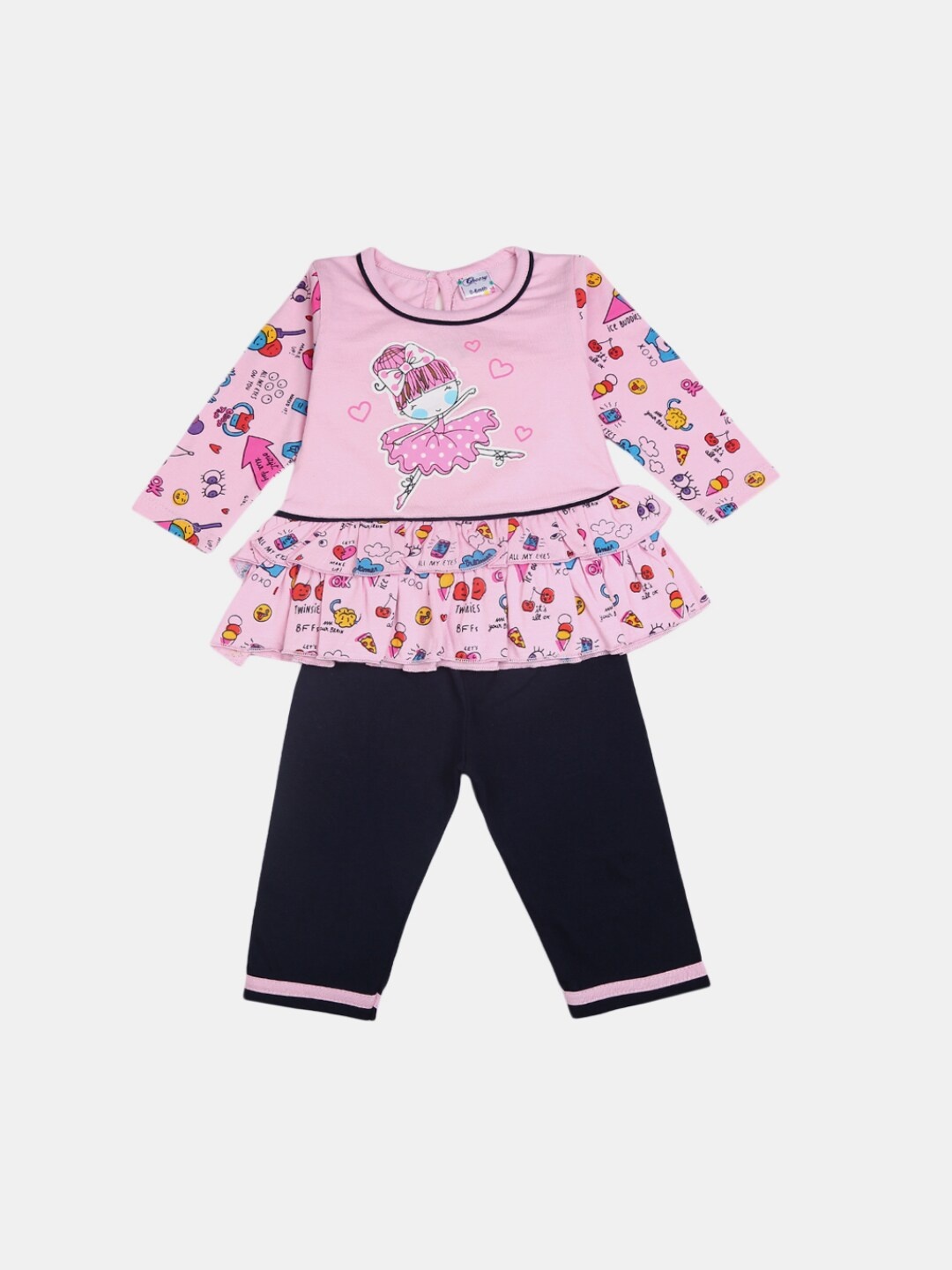 

V-Mart Girls Pink & Navy Blue Printed Pure Cotton Top with Pyjamas