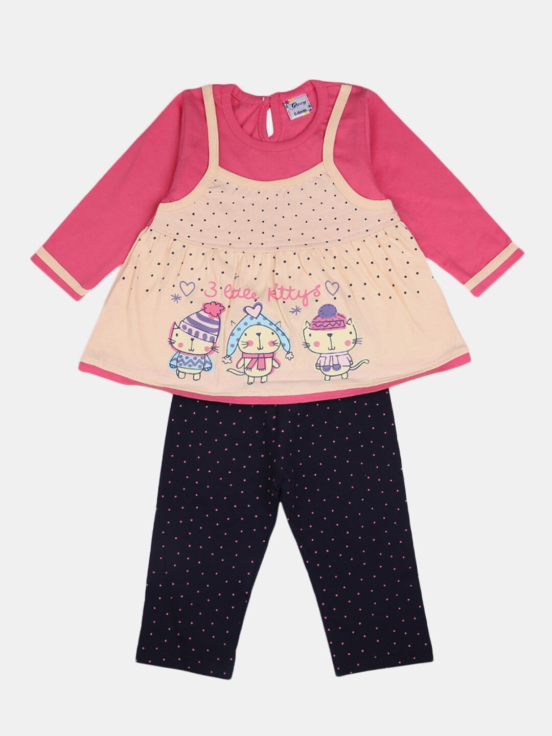

V-Mart Girls Pink & Blue Printed Top with Pyjamas