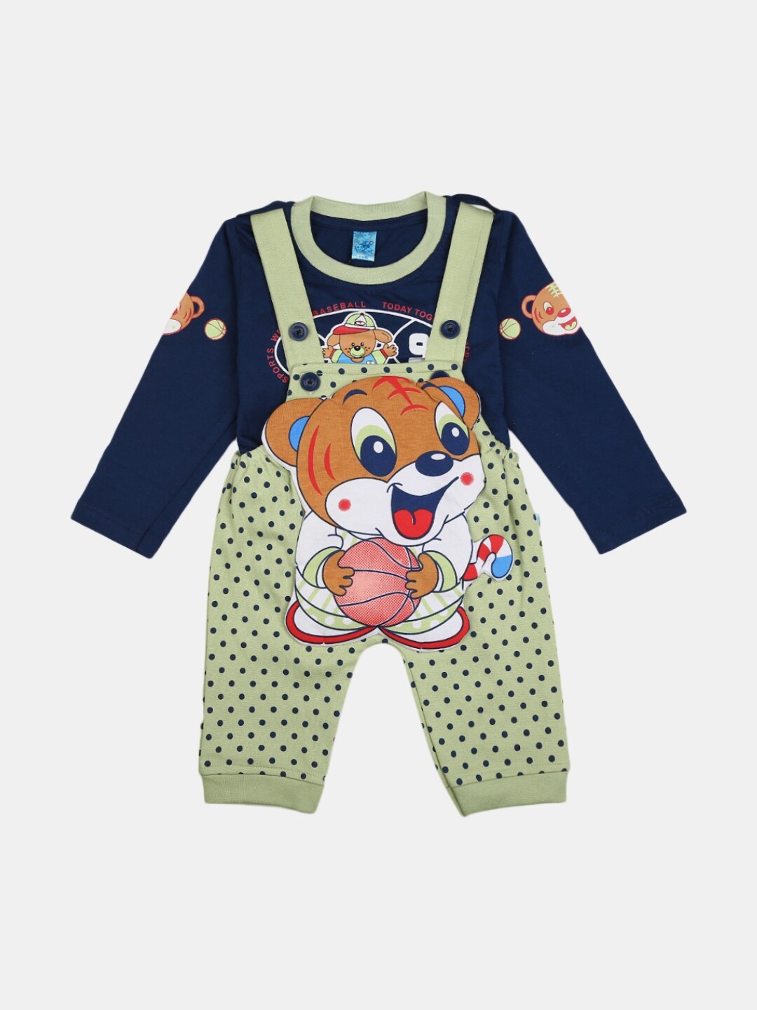 

V-Mart Kids Green & Navy Blue Printed Cotton T-shirt & Dungaree