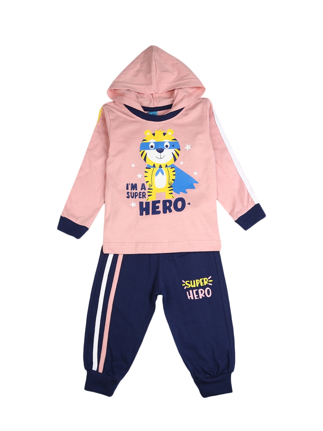 

V-Mart Kids Peach-Coloured & Navy Blue Printed Pure Cotton Hooded T-shirt with Pyjamas