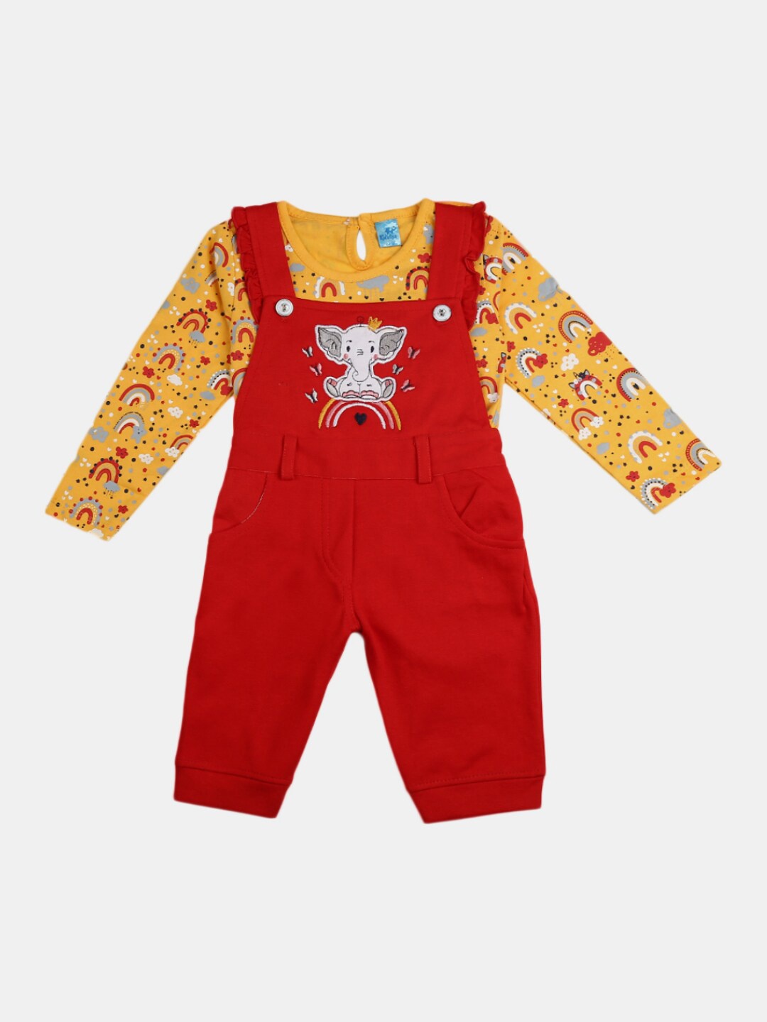 

V-Mart Kids Red & Yellow Printed Cotton T-shirt & Dungaree
