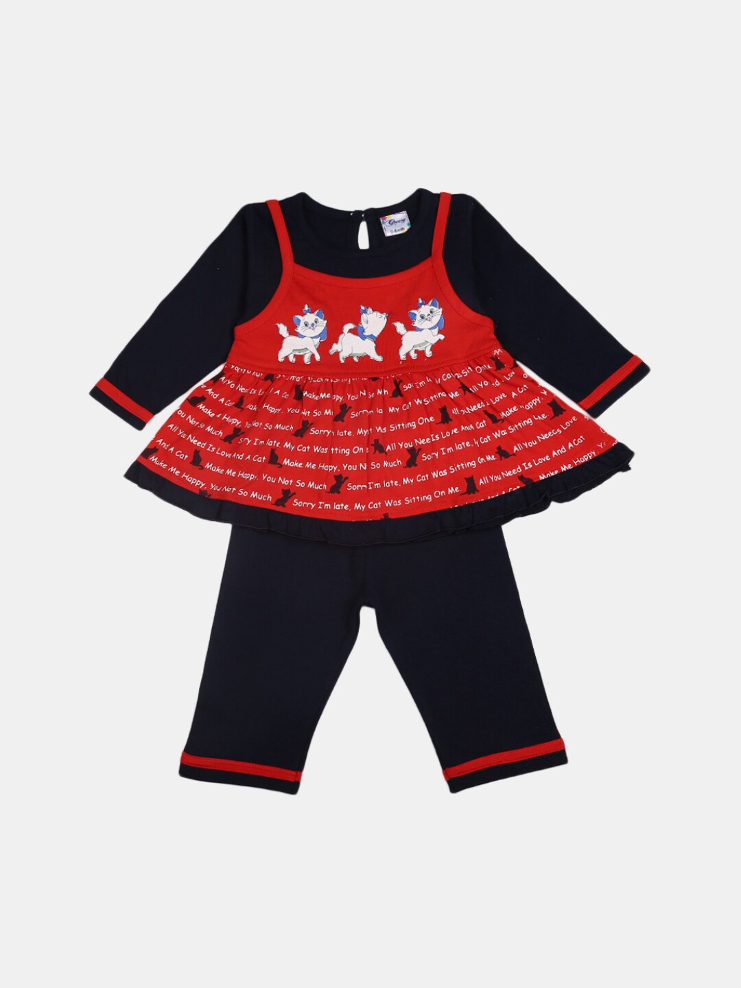 

V-Mart Kids Red & Black Printed Pure Cotton Tunic with Pyjamas