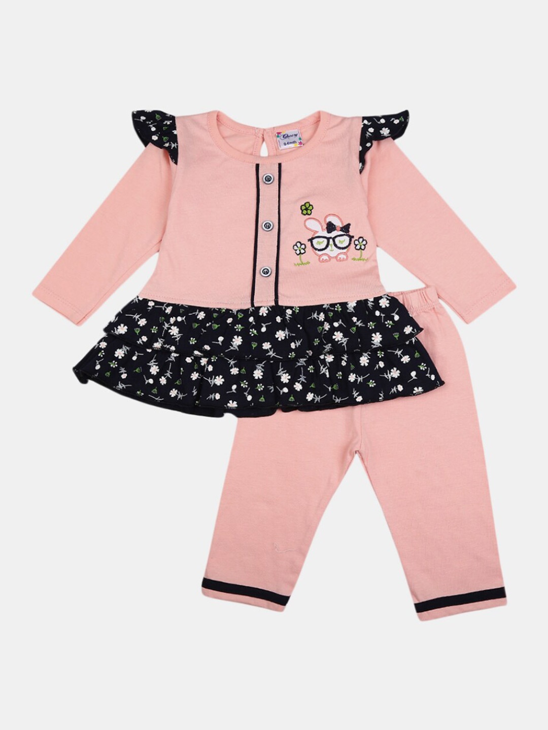 

V-Mart Kids Peach-Coloured & Black Pure Cotton Printed Tunic with Pyjamas