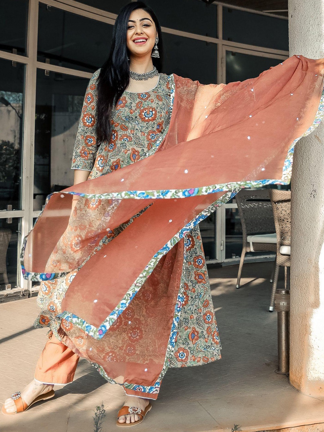 

Ambraee Women Brown Floral Printed Kurta with Trousers & With Dupatta