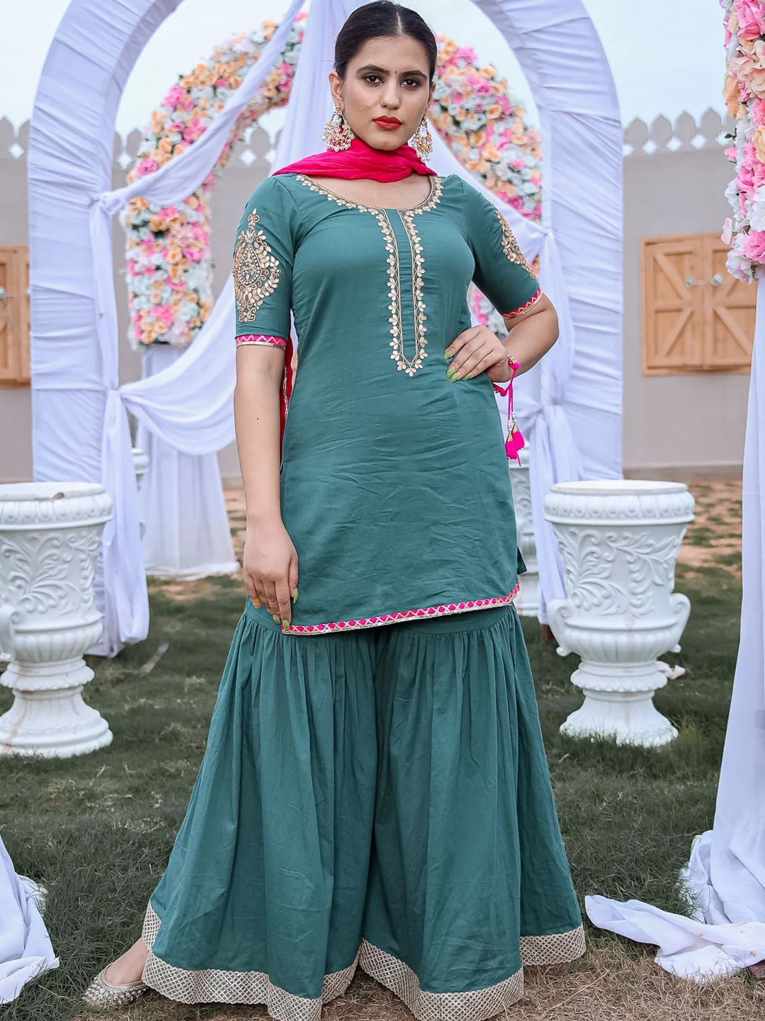 

Ambraee Women Green Floral Embroidered Kurti with Sharara & With Dupatta