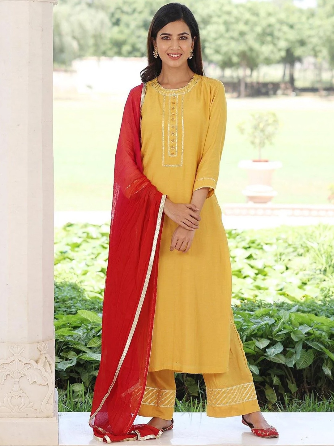 

Ambraee Women Mustard Yellow Gotta Patti Kurta with Trousers & With Dupatta