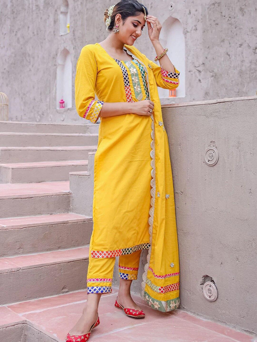 

Ambraee Women Yellow Ethnic Motifs Yoke Design Gotta Patti Kurta with Trouser & Dupatta