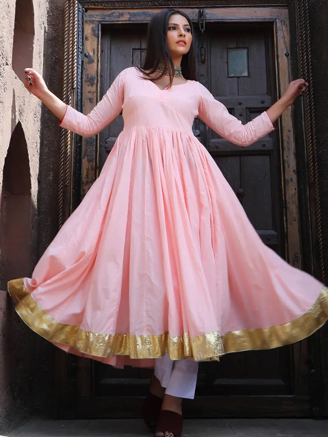 

Ambraee Women Peach-Coloured Pleated Kurta with Trousers & With Dupatta