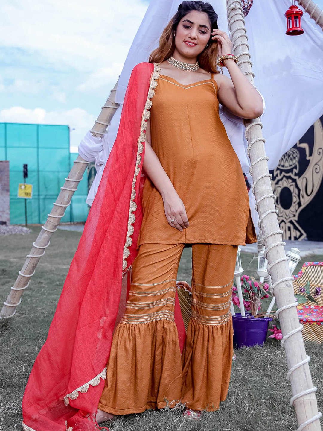 

Ambraee Women Camel Brown Gotta Patti Kurti with Sharara & With Dupatta