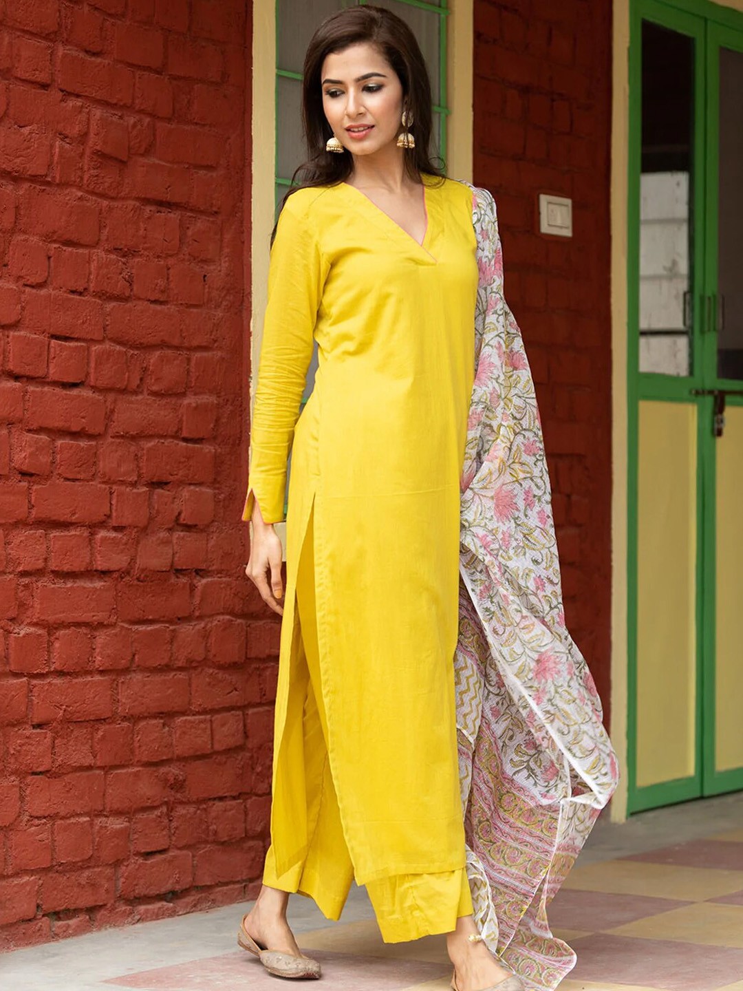 

Ambraee Women Yellow Kurta with Palazzos & Dupatta