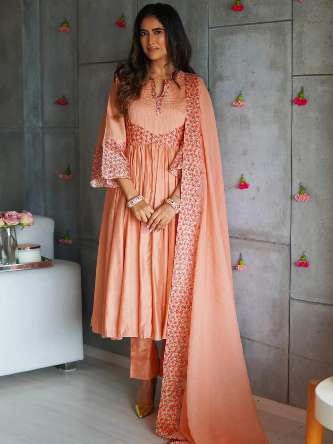 

Ambraee Women Peach-Coloured Yoke Design Panelled Kurta with Trousers & Dupatta