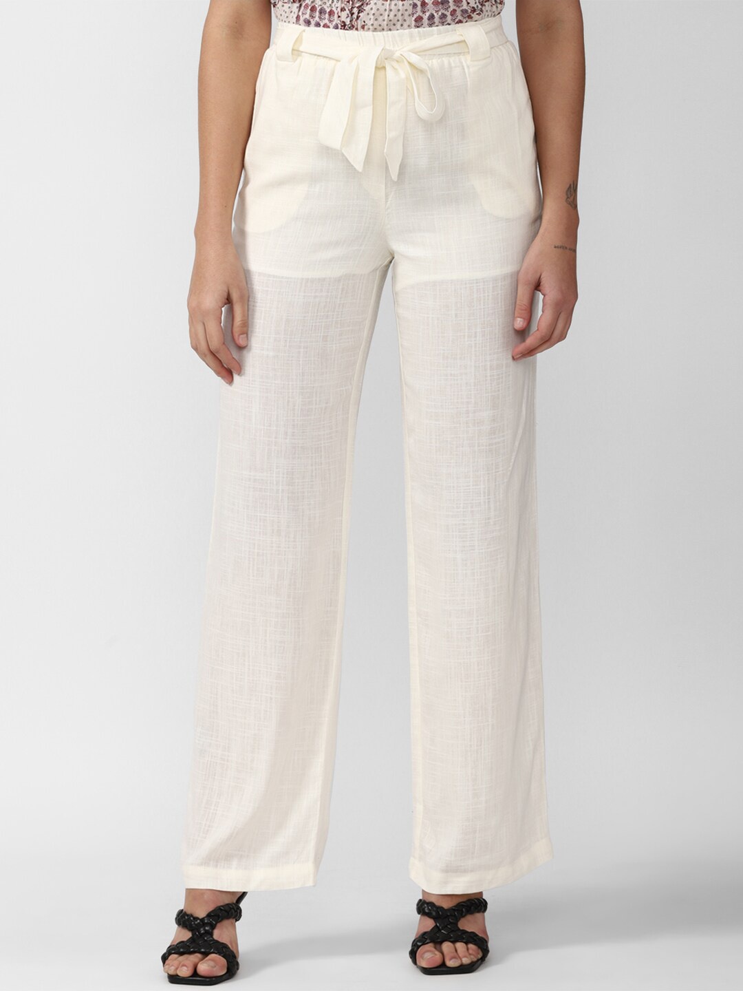 

FOREVER 21 Women Cream-Coloured Loose Fit High-Rise Trousers
