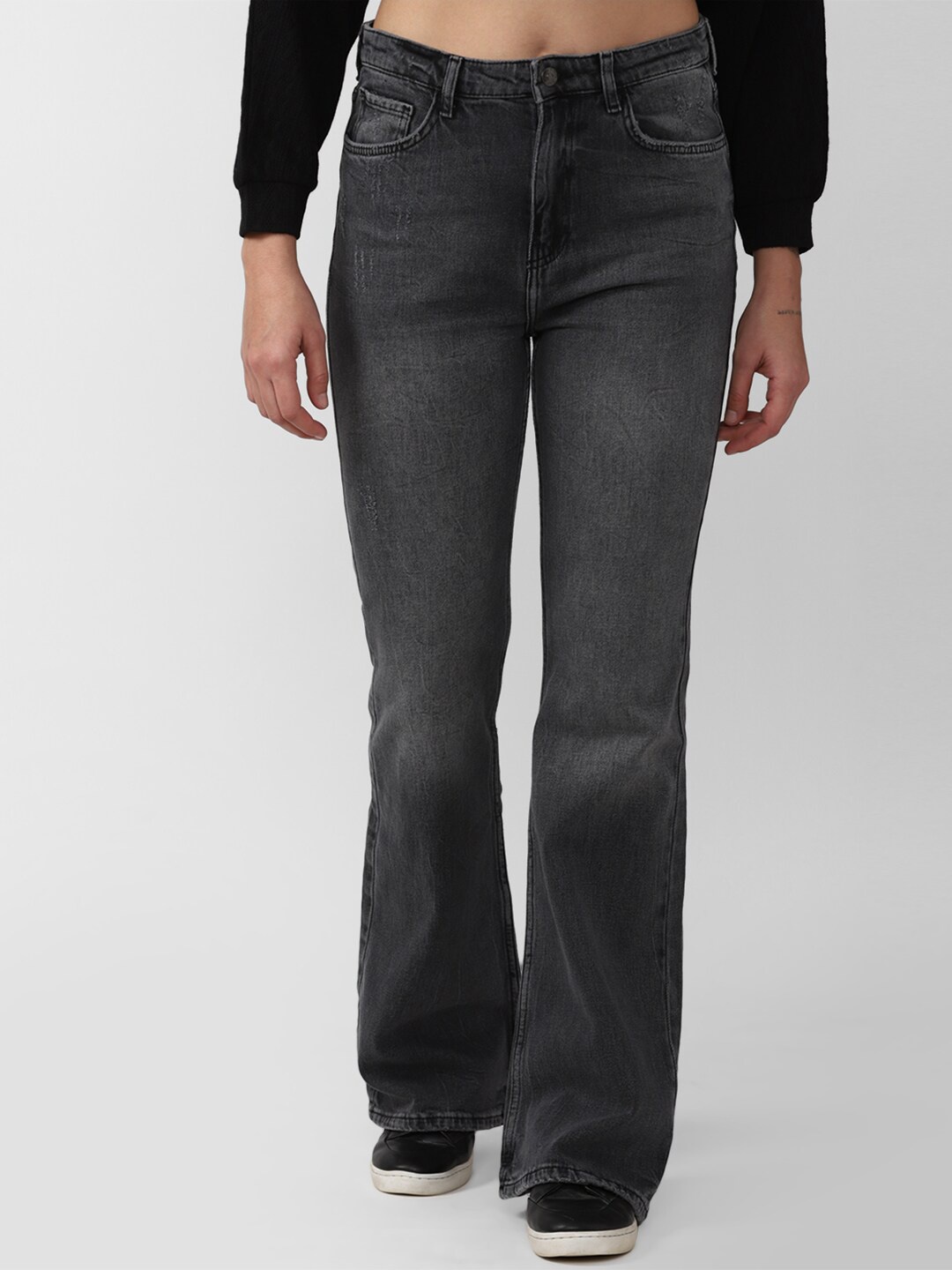 

FOREVER 21 Women Grey Bootcut High-Rise Heavy Fade Jeans
