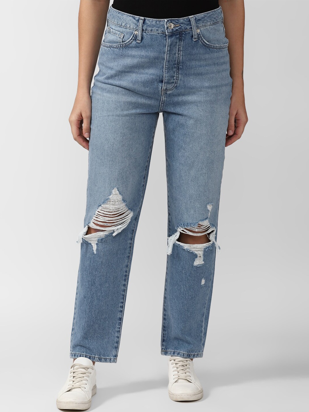 

FOREVER 21 Women Blue Straight Fit Mildly Distressed Light Fade Jeans