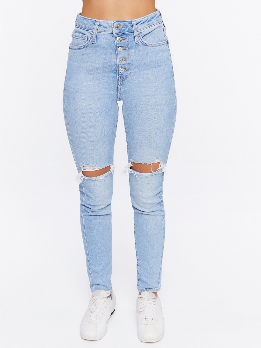 

FOREVER 21 Women Blue Slim Fit High-Rise Slash Knee Light Fade Jeans