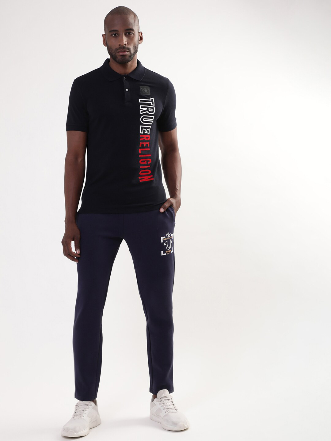 

True Religion Men Black Brand Logo Printed Polo Collar Pure Cotton T-shirt