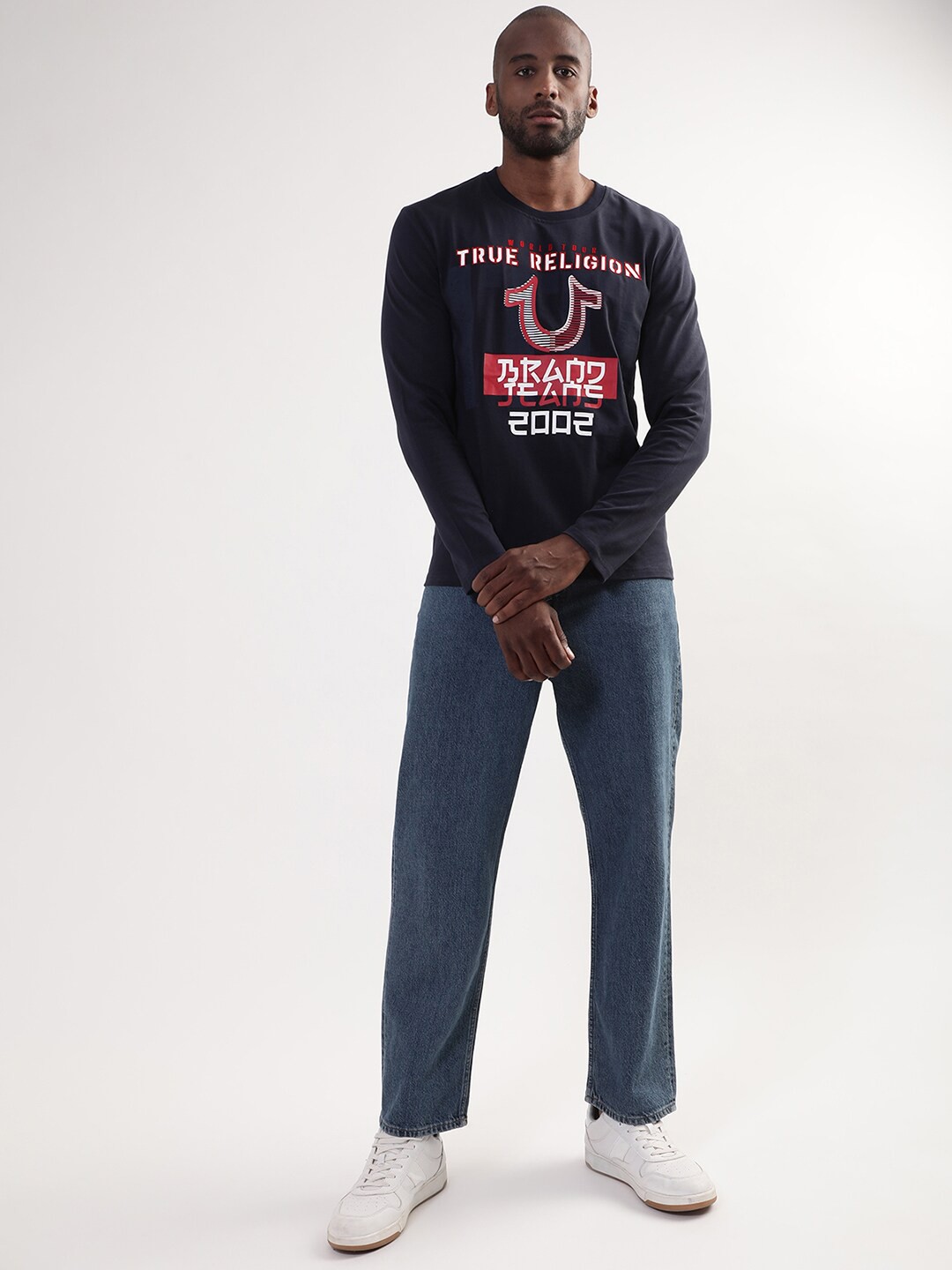 

True Religion Men Navy Blue Typography Printed Pure Cotton T-shirt
