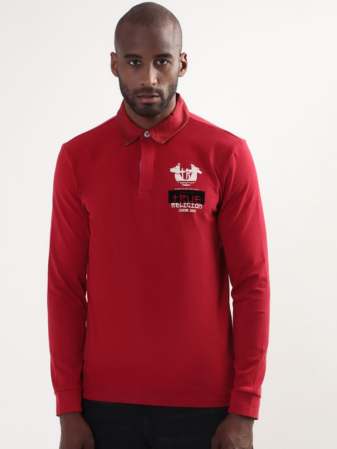 

True Religion Men Red Brand Logo Printed Polo Collar Pure Cotton T-shirt