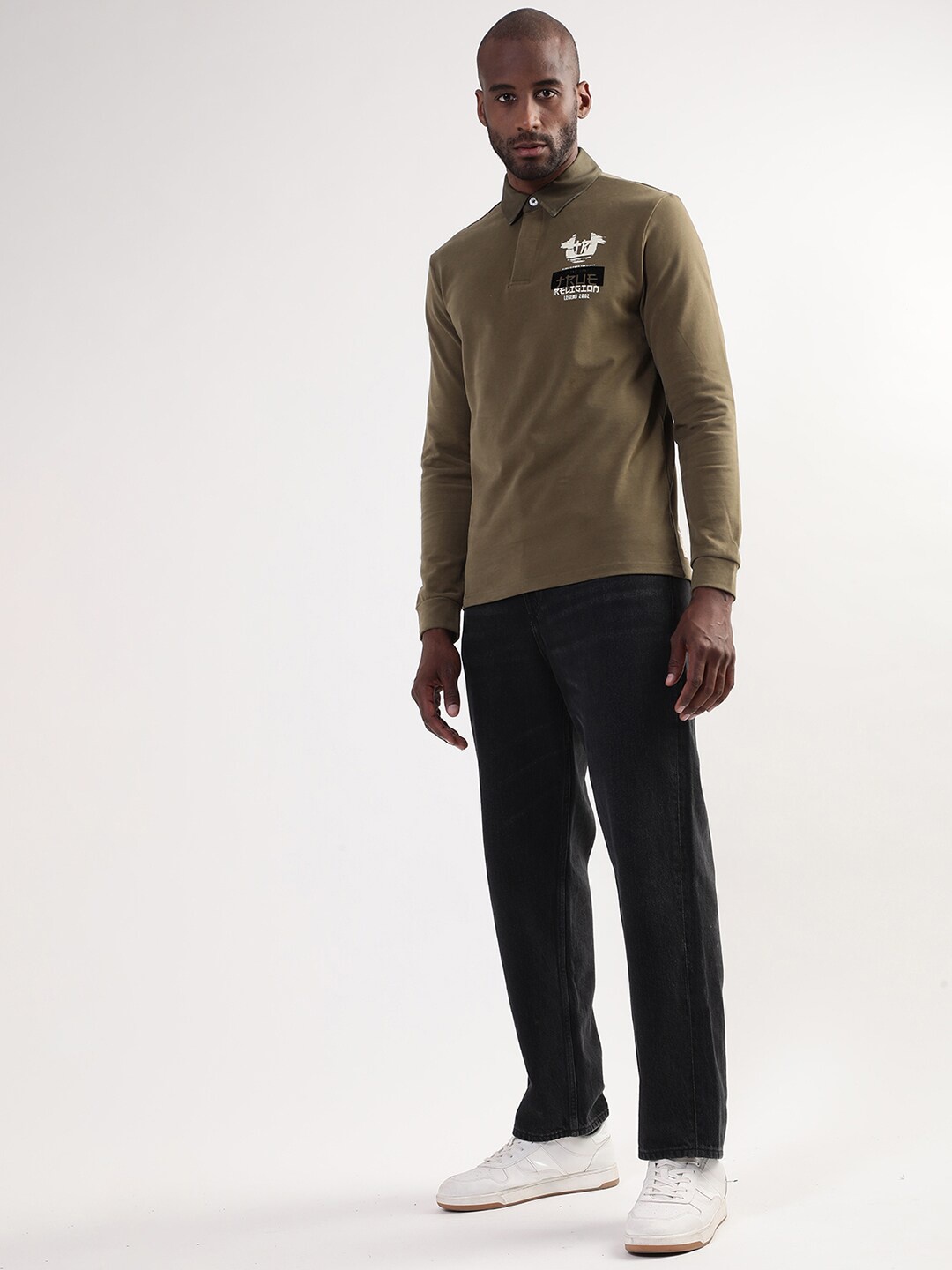 

True Religion Men Olive Green Brand Logo Printed Polo Collar Pure Cotton T-shirt
