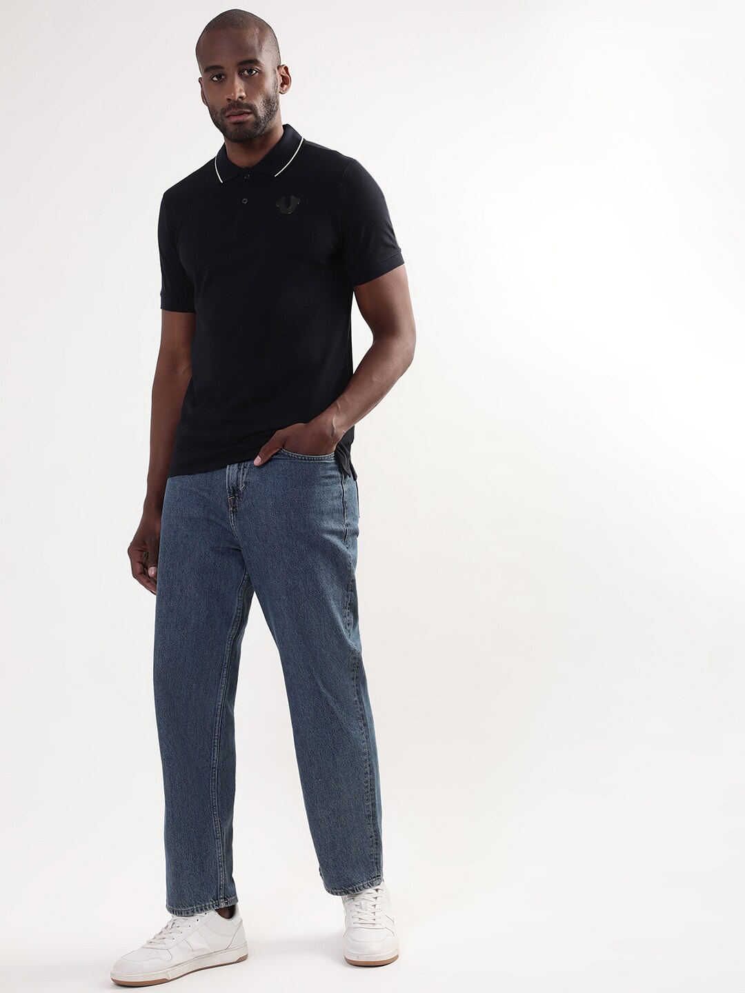 

True Religion Men Black Brand Logo Polo Collar Applique Pure Cotton T-shirt