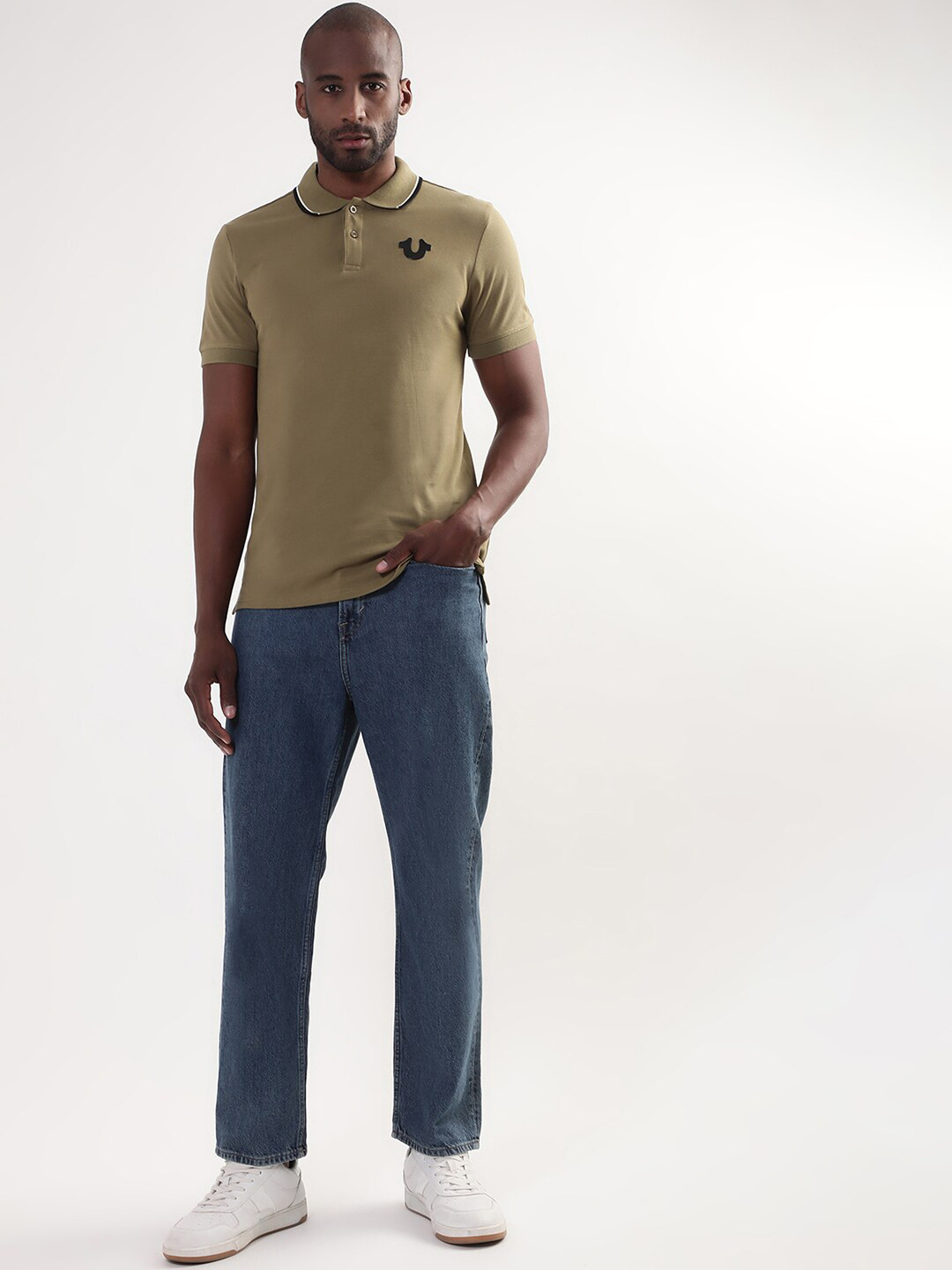 

True Religion Men Olive Green Brand Logo Polo Collar Pure Cotton T-shirt