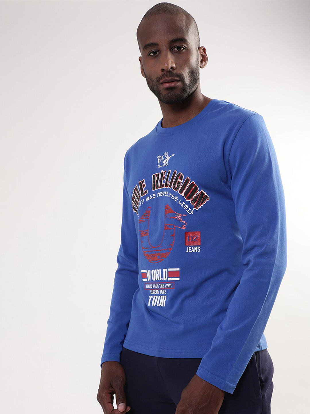 

True Religion Men Blue Brand Logo Printed Pure Cotton T-shirt