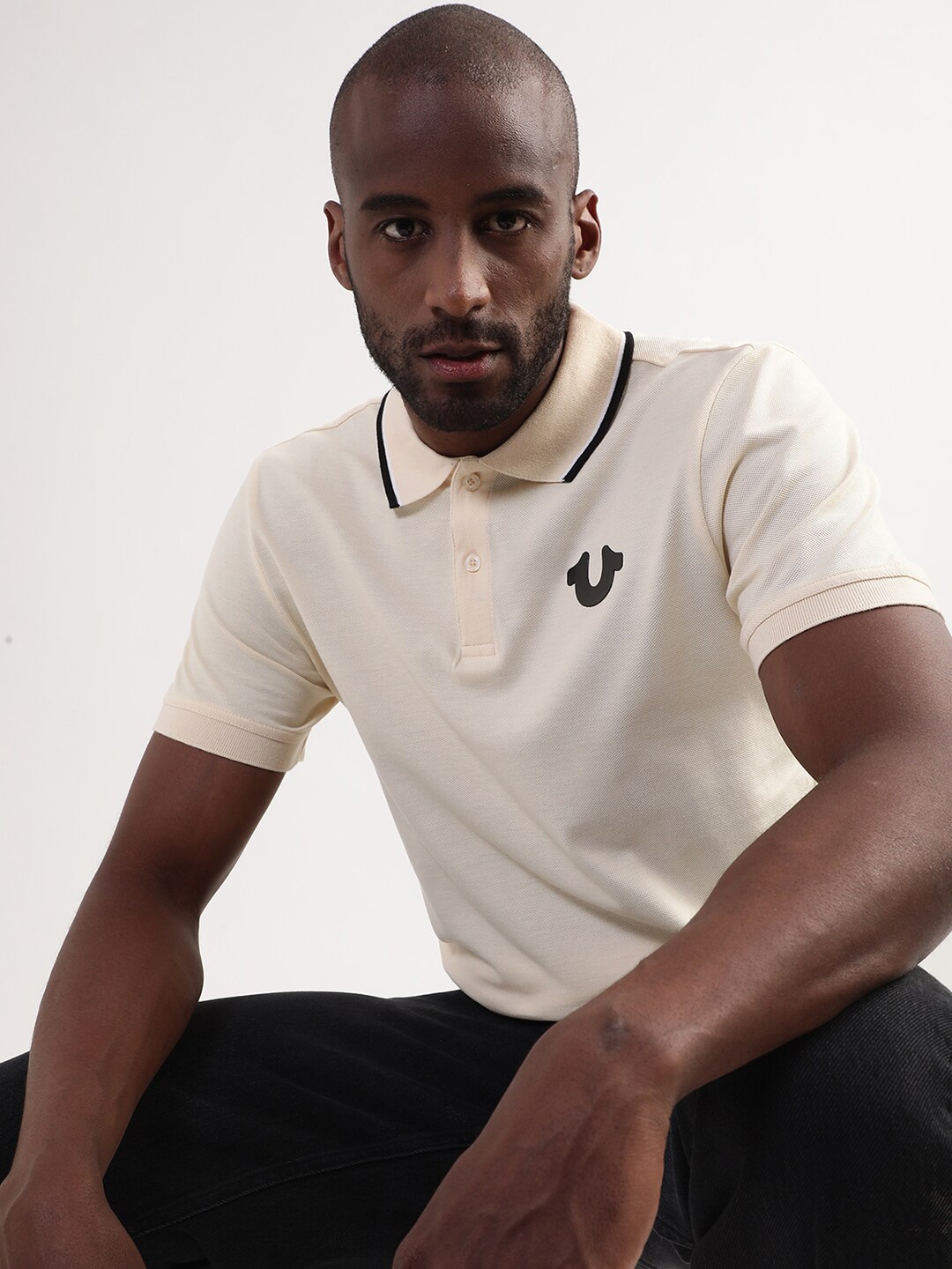 

True Religion Men Cream-Coloured Brand Logo Polo Collar T-shirt