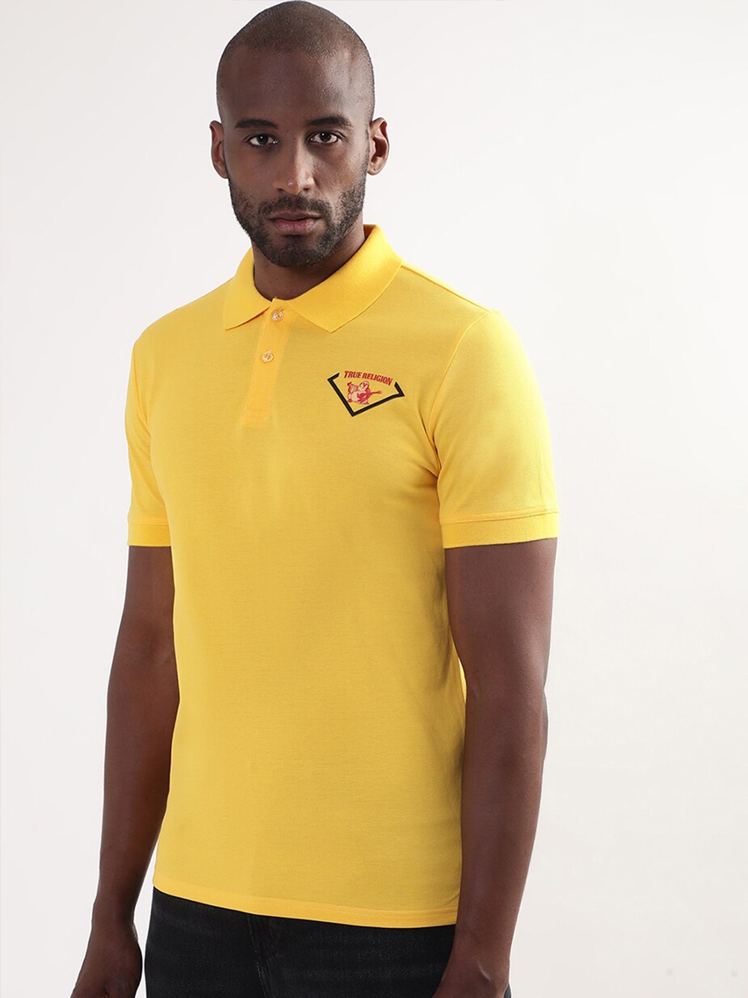 

True Religion Men Yellow Brand Logo Polo Collar Pure Cotton T-shirt
