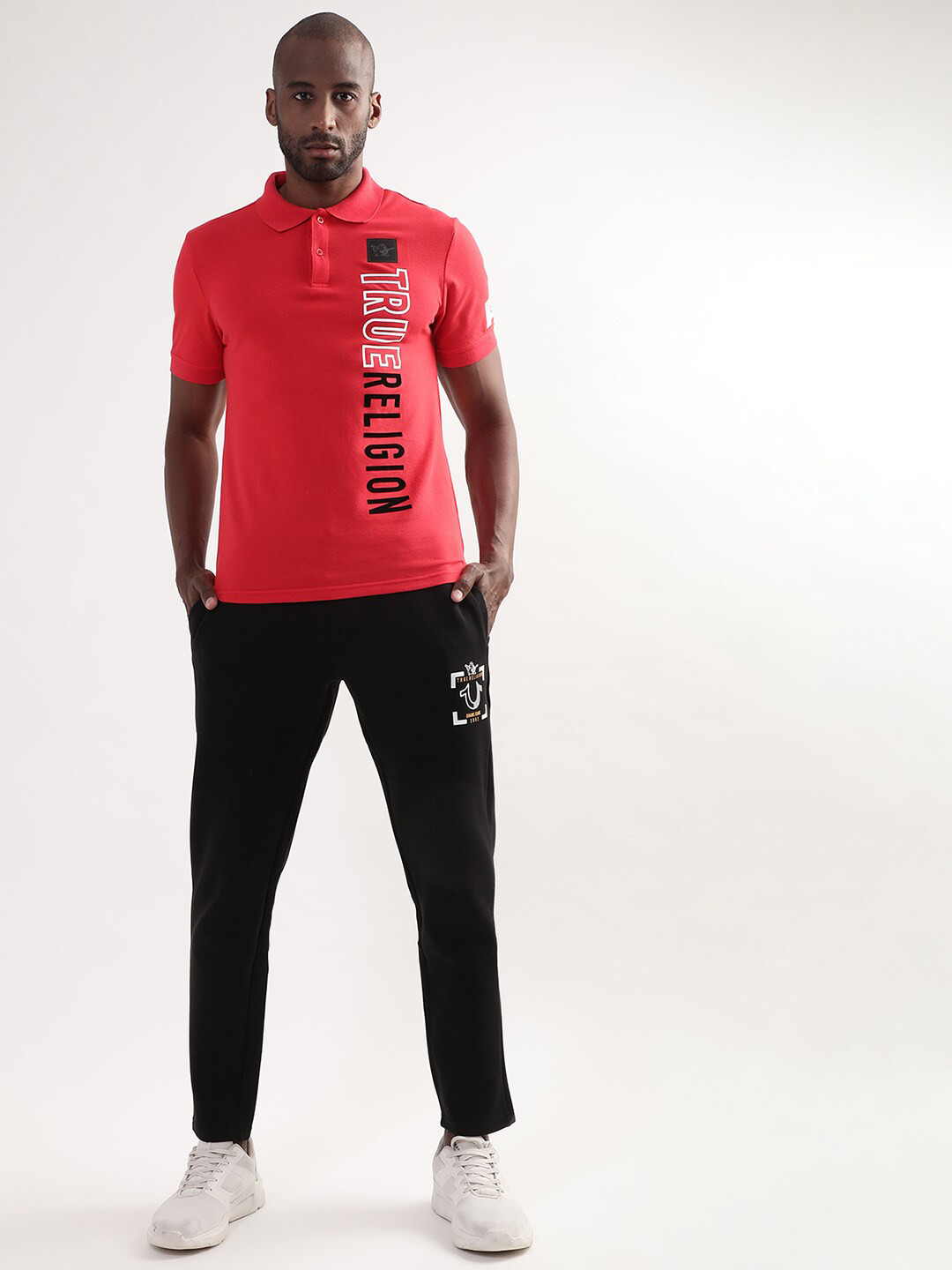 

True Religion Men Red Brand Logo Printed Polo Collar Pure Cotton T-shirt