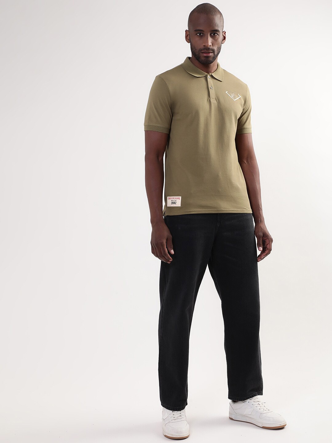 

True Religion Men Olive Green Brand Logo Polo Collar Applique Pure Cotton T-shirt