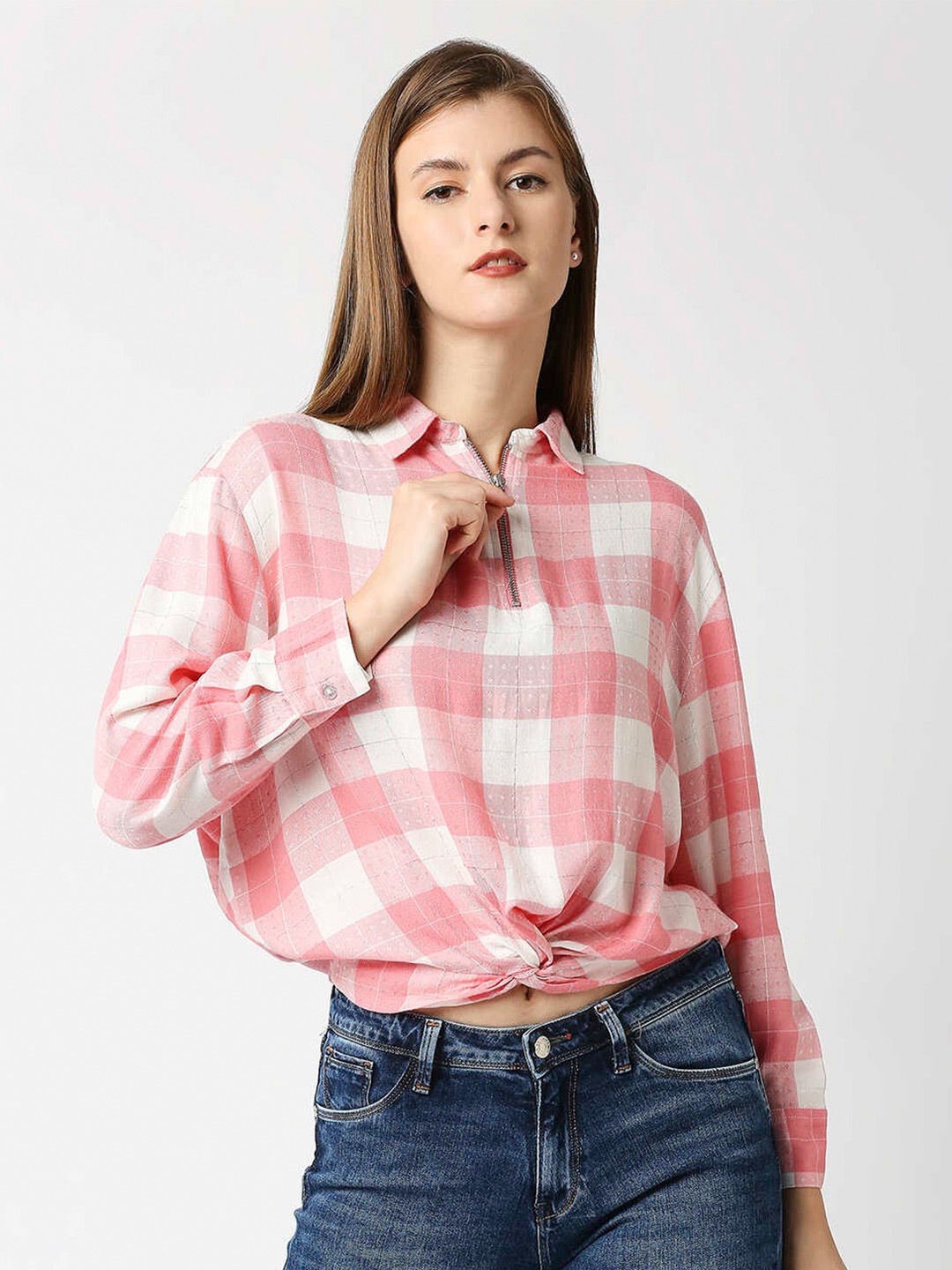 

Pepe Jeans Women Pink Checked Shirt Style Top