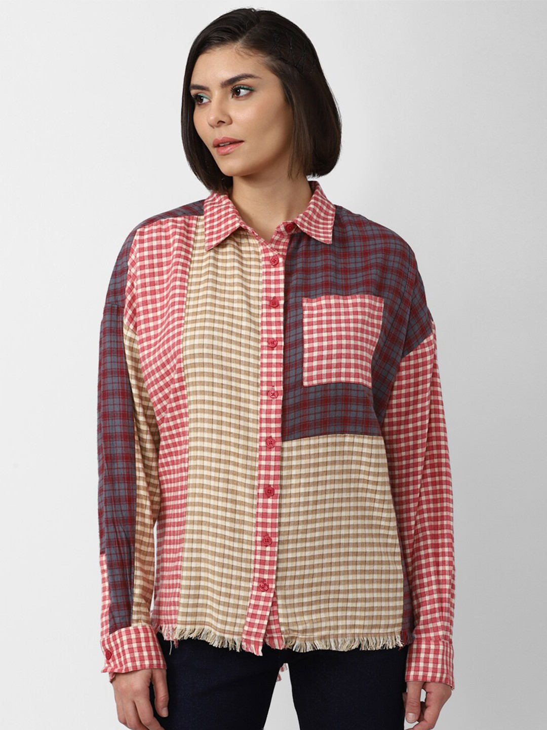 

FOREVER 21 Women Red Checked Cotton Casual Shirt