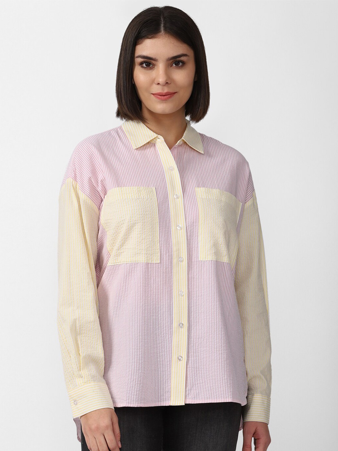 

FOREVER 21 Women Pink Striped Cotton Casual Shirt
