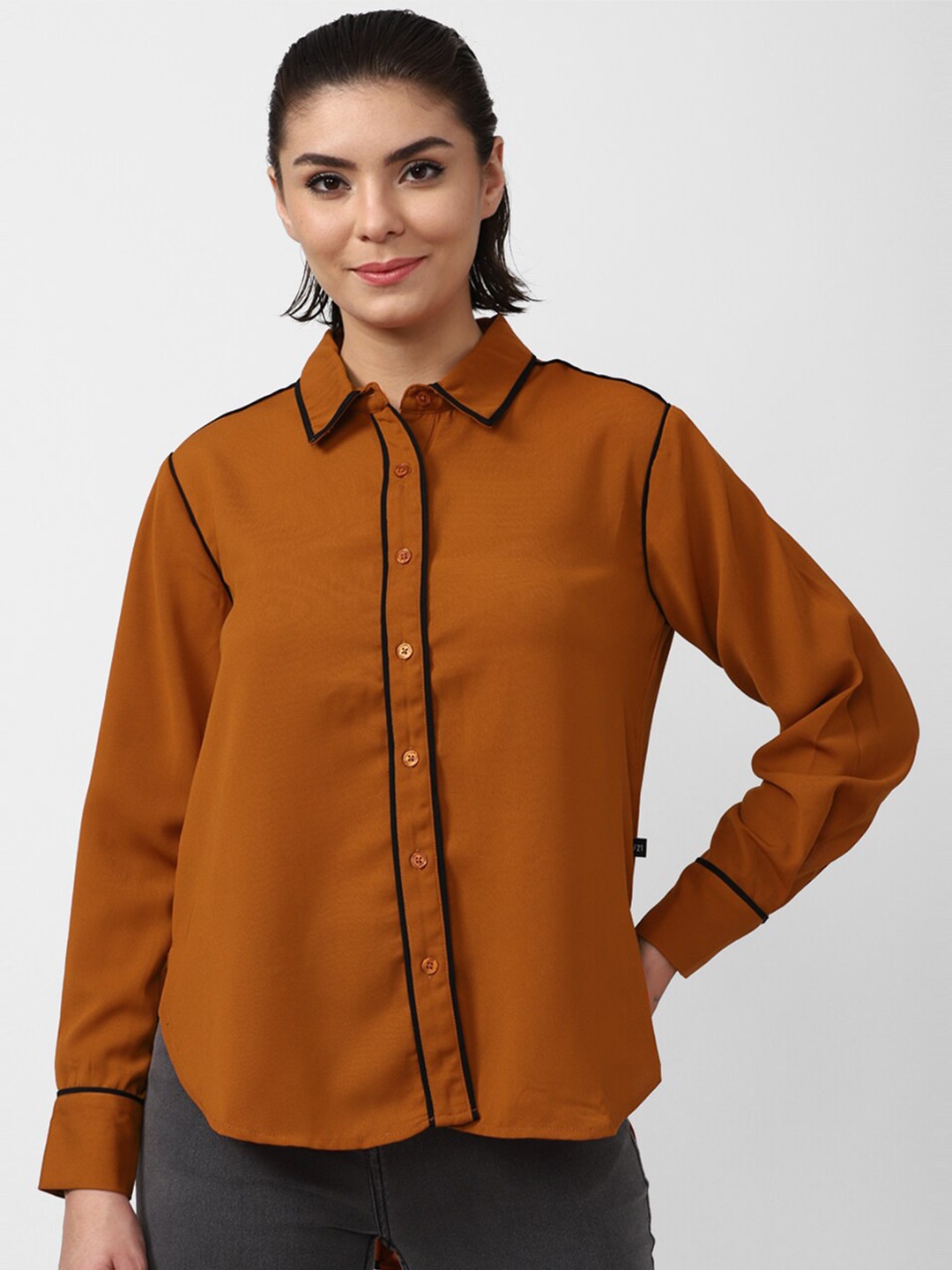 

FOREVER 21 Women Brown Solid Casual Shirt