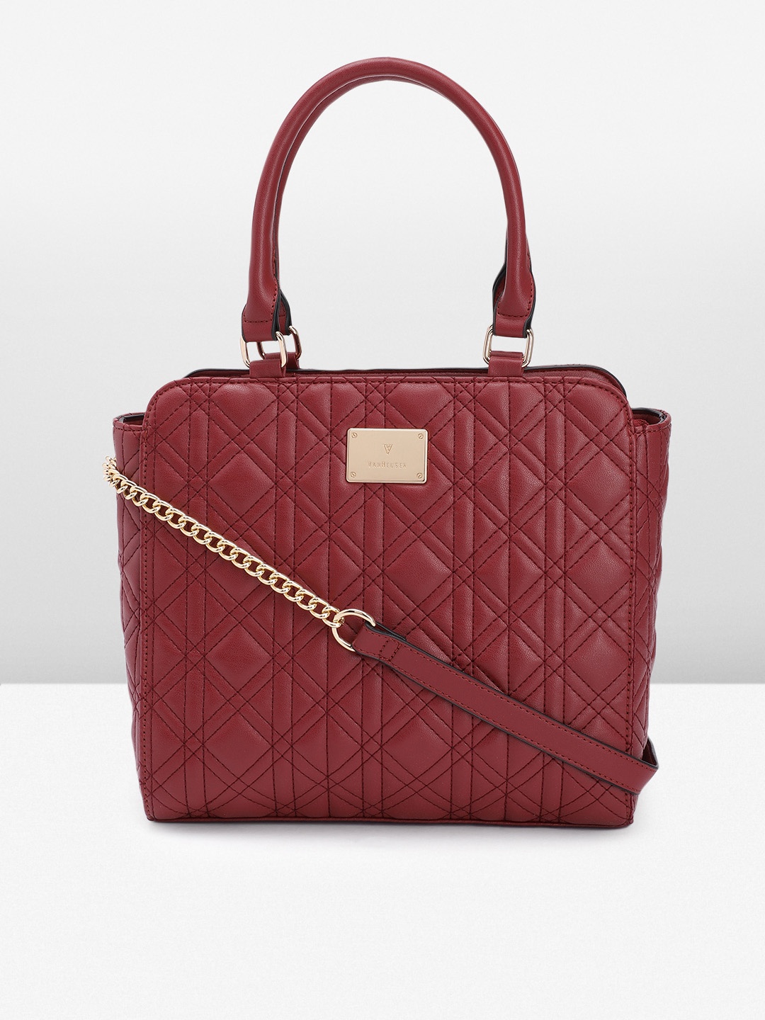 

Van Heusen Geometric Textured PU Structured Handheld Bag with Quilted Detail, Maroon