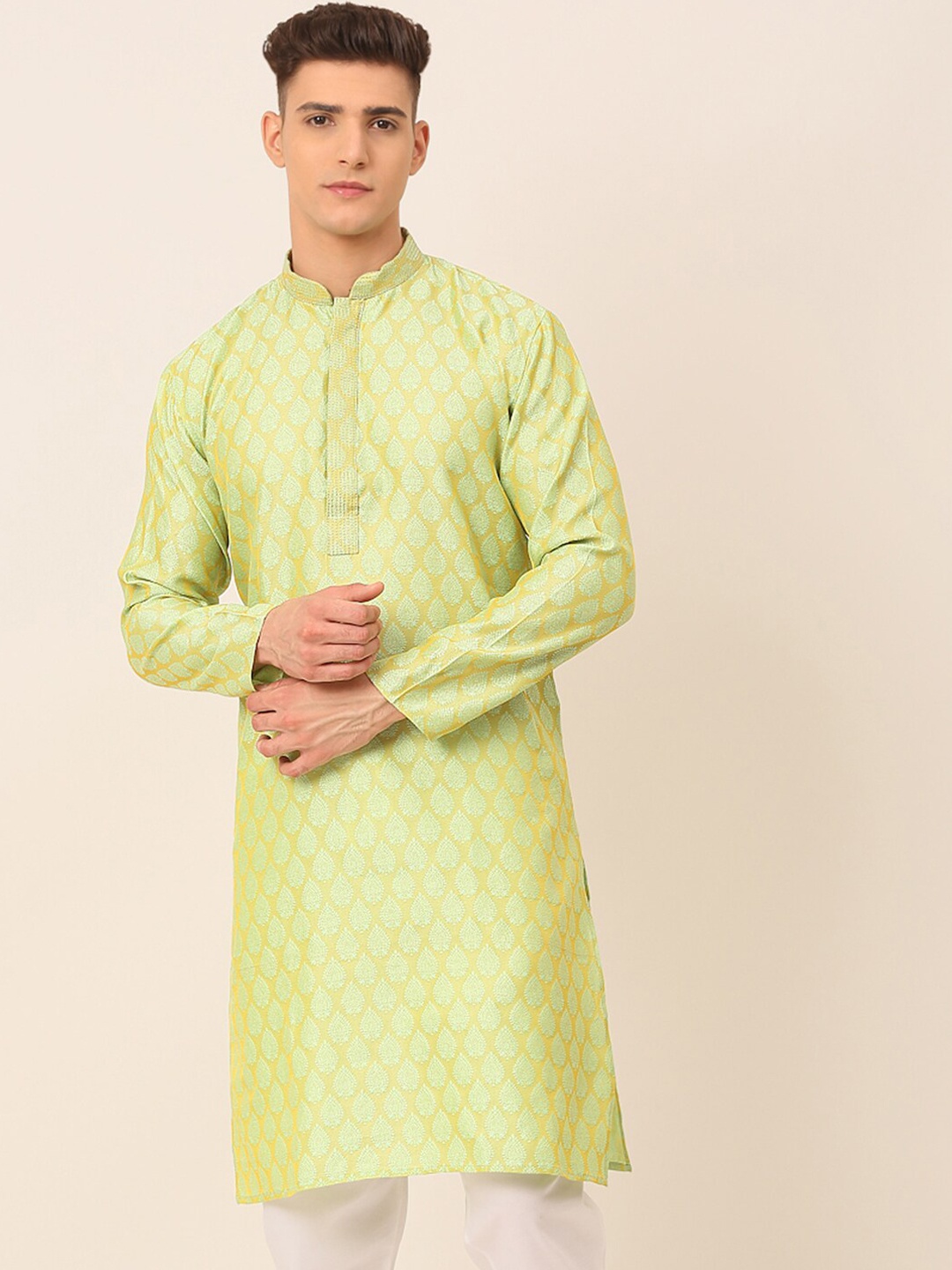 

Jompers Mandarin Collar Ethnic Motifs Woven Design Cotton Kurta, Green