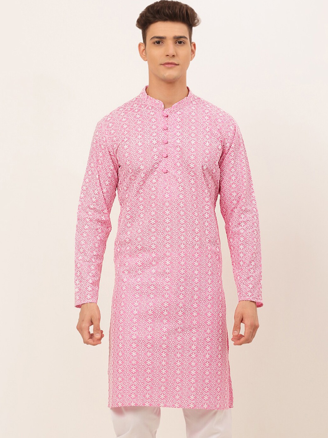 

Jompers Mandarin Collar Floral Woven Design Thread Work Cotton Kurta, Pink