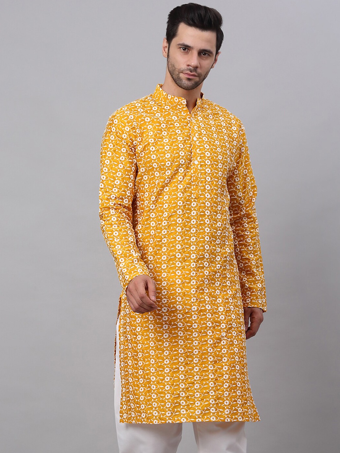 

Jompers Mandarin Collar Floral Woven Design Cotton Kurta, Mustard