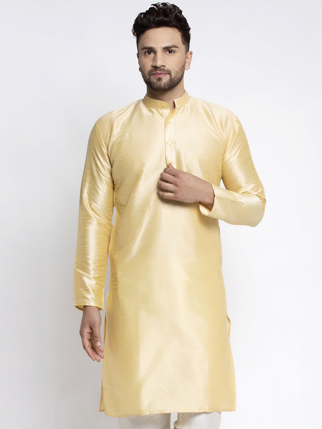 

Jompers Mandarin Collar Long Sleeves Dupion Silk Kurta, Gold